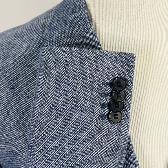 H&M 44R Slim Fit Chambray Sport Coat Elbow Patches Blue Cotton Two Button Vented - Picture 5 of 8